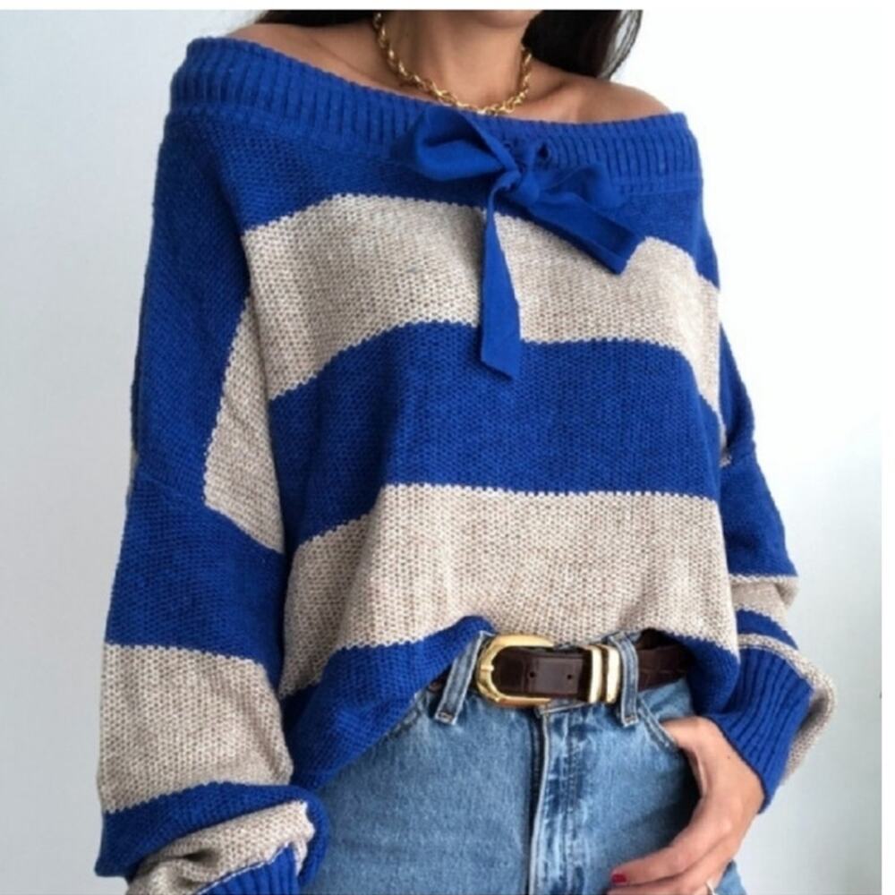 Free People Cassidy Slouchy Off Shoulder Sweater M Cotton Linen Blue Striped NWT